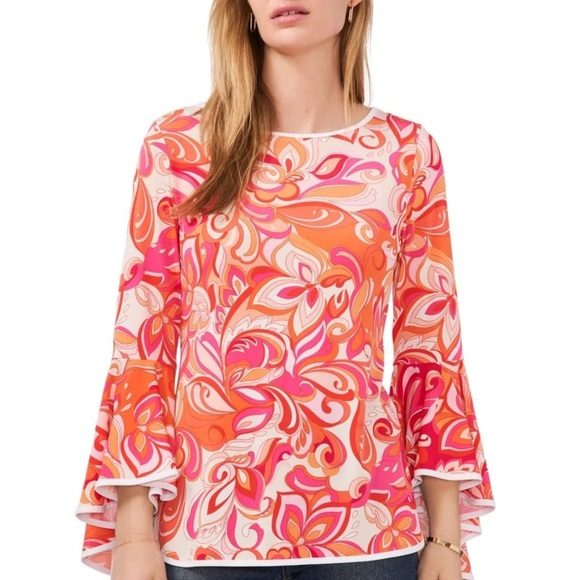 Energetic Red and Orange Graphic 3/4 Sleeve Blouse - Picture 1 of 3
